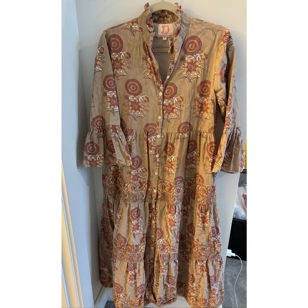 Victoria Dunn Toasted Oak Vivian Midi Dress M Blockprint Ruffle $198